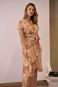 Aida Peach/Orange Floral Print Frill Evening Dress