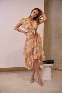 Aida Peach/Orange Floral Print Frill Evening Dress