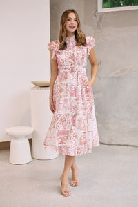 Lucia Pink/White Collared Frill Sleeve Pleated Midi Dress