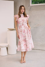 Load image into Gallery viewer, Lucia Pink/White Collared Frill Sleeve Pleated Midi Dress