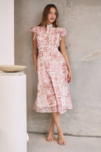 Load image into Gallery viewer, Lucia Pink/White Collared Frill Sleeve Pleated Midi Dress