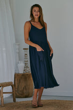 Load image into Gallery viewer, Orchid Linen Torn Trim Pocket Navy Midi Dress