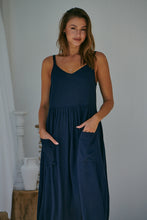 Load image into Gallery viewer, Orchid Linen Torn Trim Pocket Navy Midi Dress