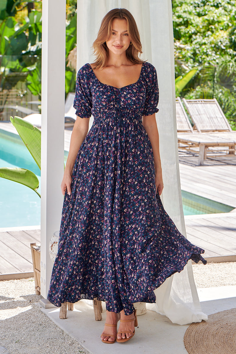 Navy Floral Puff Sleeve Maxi
