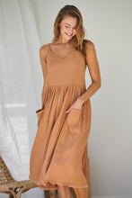 Load image into Gallery viewer, Orchid Linen Torn Trim Pocket Caramel Midi Dress