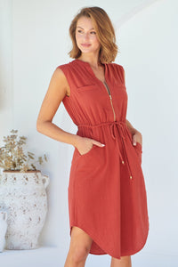 Alma Midi Rust Linen Look Zip Front Dress