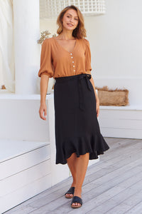 Ciri Black Tie Waist Midi Linen Skirt