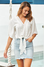 Load image into Gallery viewer, Zali White Lace Trim Tie Front Top