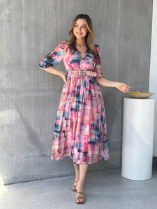 Posey Pink/Blue Print Belted Long Sleeve Midi Dress