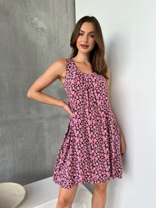 Vale Black/Pink Daisy Print Shift Dress