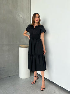 Cyrene Short Sleeve Collared Black Midi Dress