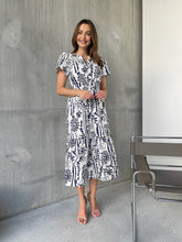 Load image into Gallery viewer, Heather Short Sleeve White/Blue Print Button Collar Midi Dress
