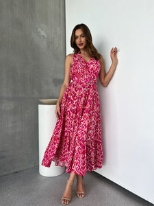 Cosima Long Pink/Orange Print Collared Maxi Dress