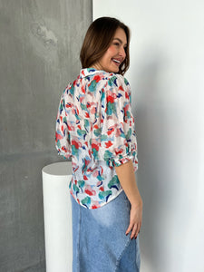 Inaya Chiffon White/Red/Blue Button Up Print Blouse