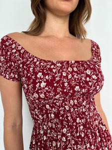 Gigi Off Shoulder Red Ditsy Print Shirred Maxi Dress