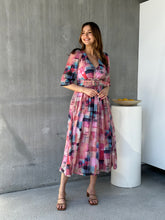 Load image into Gallery viewer, Posey Pink/Blue Print Belted Long Sleeve Midi Dress