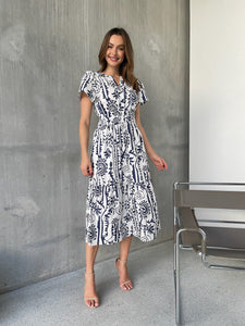 Heather Short Sleeve White/Blue Print Button Collar Midi Dress