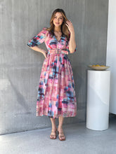 Load image into Gallery viewer, Posey Pink/Blue Print Belted Long Sleeve Midi Dress