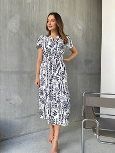 Heather Short Sleeve White/Blue Print Button Collar Midi Dress