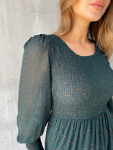 Load image into Gallery viewer, Henley 3/4 Green/Gold Polka Print Chiffon Shirred Midi Dress