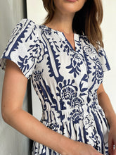 Load image into Gallery viewer, Heather Short Sleeve White/Blue Print Button Collar Midi Dress