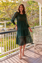 Load image into Gallery viewer, Henley 3/4 Green/Gold Polka Print Chiffon Shirred Midi Dress