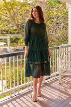 Load image into Gallery viewer, Henley 3/4 Green/Gold Polka Print Chiffon Shirred Midi Dress