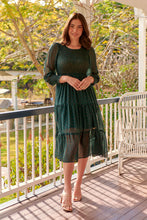 Load image into Gallery viewer, Henley 3/4 Green/Gold Polka Print Chiffon Shirred Midi Dress