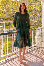 Load image into Gallery viewer, Henley 3/4 Green/Gold Polka Print Chiffon Shirred Midi Dress