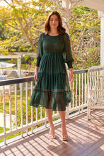 Load image into Gallery viewer, Henley 3/4 Green/Gold Polka Print Chiffon Shirred Midi Dress