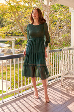 Load image into Gallery viewer, Henley 3/4 Green/Gold Polka Print Chiffon Shirred Midi Dress