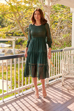 Load image into Gallery viewer, Henley 3/4 Green/Gold Polka Print Chiffon Shirred Midi Dress