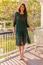 Load image into Gallery viewer, Henley 3/4 Green/Gold Polka Print Chiffon Shirred Midi Dress