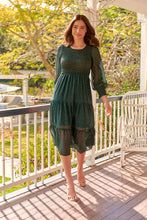 Load image into Gallery viewer, Henley 3/4 Green/Gold Polka Print Chiffon Shirred Midi Dress