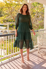 Load image into Gallery viewer, Henley 3/4 Green/Gold Polka Print Chiffon Shirred Midi Dress