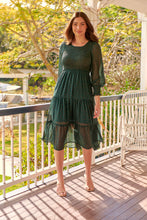 Load image into Gallery viewer, Henley 3/4 Green/Gold Polka Print Chiffon Shirred Midi Dress