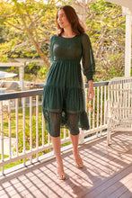 Load image into Gallery viewer, Henley 3/4 Green/Gold Polka Print Chiffon Shirred Midi Dress