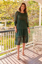 Load image into Gallery viewer, Henley 3/4 Green/Gold Polka Print Chiffon Shirred Midi Dress