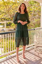 Load image into Gallery viewer, Henley 3/4 Green/Gold Polka Print Chiffon Shirred Midi Dress