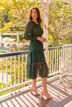 Load image into Gallery viewer, Henley 3/4 Green/Gold Polka Print Chiffon Shirred Midi Dress