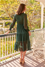 Load image into Gallery viewer, Henley 3/4 Green/Gold Polka Print Chiffon Shirred Midi Dress