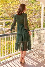 Load image into Gallery viewer, Henley 3/4 Green/Gold Polka Print Chiffon Shirred Midi Dress