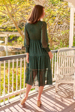 Load image into Gallery viewer, Henley 3/4 Green/Gold Polka Print Chiffon Shirred Midi Dress