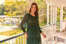 Load image into Gallery viewer, Henley 3/4 Green/Gold Polka Print Chiffon Shirred Midi Dress