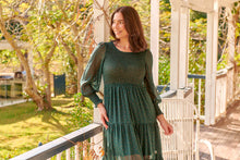 Load image into Gallery viewer, Henley 3/4 Green/Gold Polka Print Chiffon Shirred Midi Dress