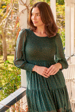 Load image into Gallery viewer, Henley 3/4 Green/Gold Polka Print Chiffon Shirred Midi Dress