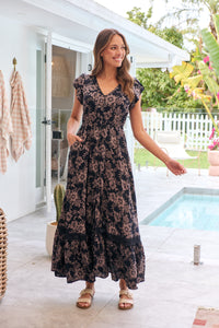 Augustina Button Front Navy/ Blush Print Maxi Dress