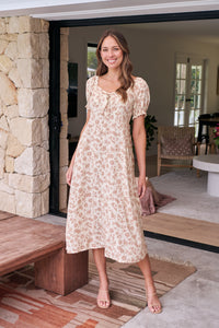 Lulu Tie Front Beige/Cream Floral Print Midi Dress