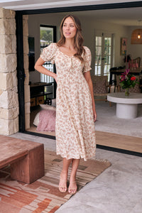 Lulu Tie Front Beige/Cream Floral Print Midi Dress