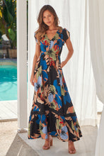 Load image into Gallery viewer, Augustina Black Multi Colour Leaf Print Button Front Maxi Dress